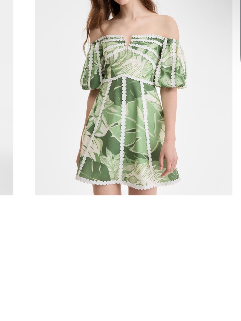 Off-Shoulder Green Tropical Print Mini Dress